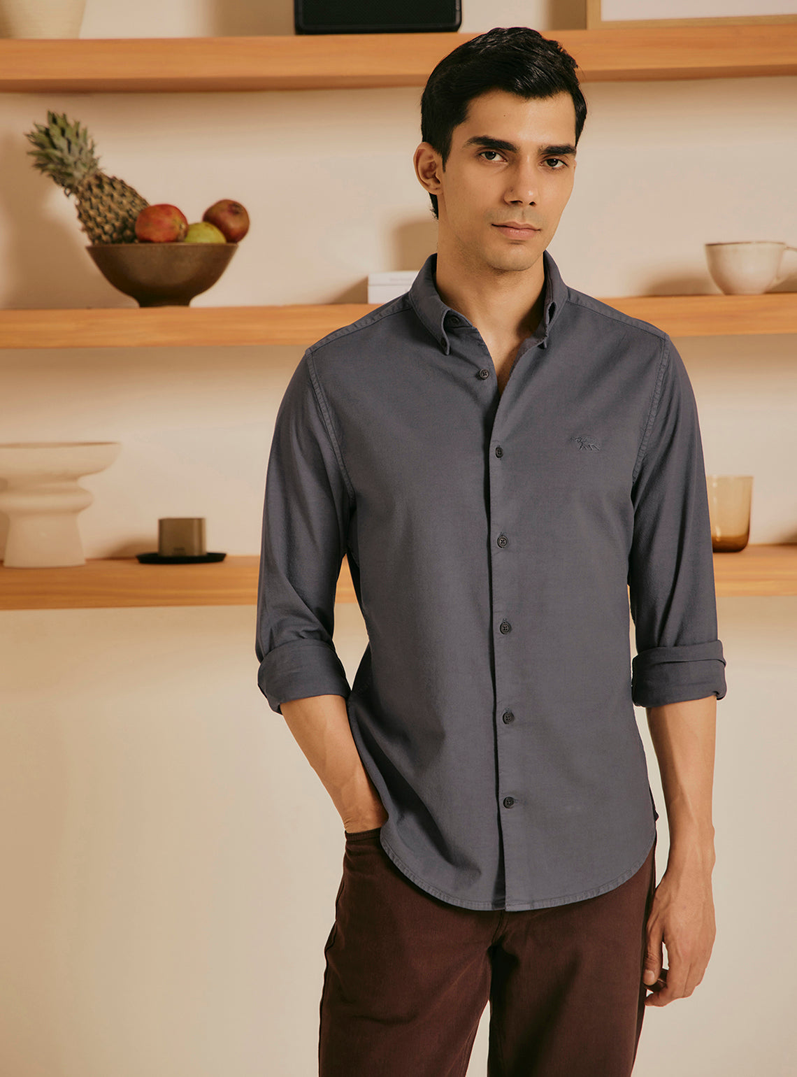 Flint Grey Cotton Stretch Oxford Shirt